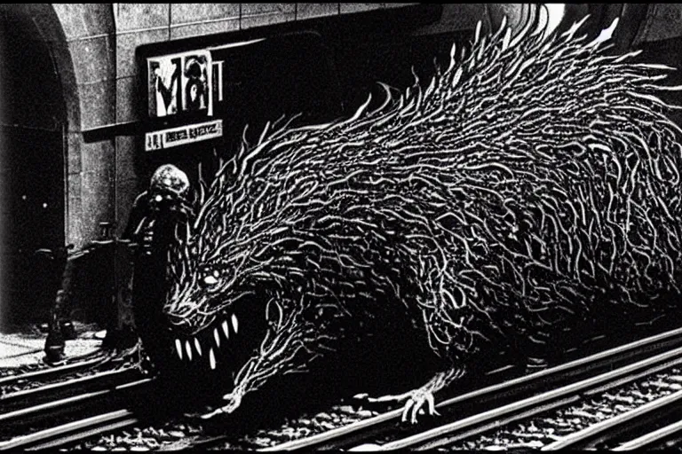 Prompt: very large giant mutant zombie irradiated ( angry rat ) staying on railways in tonnel of moscow subway. tonnel, railways, giant angry rat, furr, fangs, claws, very realistic. extreme long shot, 1 6 mm, herman nitsch, giger.