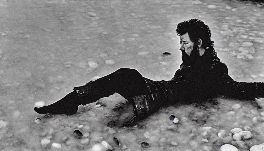 Prompt: 1 9 6 0 s movie still close up of marcus aurelius frozen to death, feets in a river with gravel and pebbles, pine forests, cinestill 8 0 0 t 3 5 mm b & w, high quality, heavy grain, high detail, texture, dramatic light, anamorphic, hyperrealistic, foggy