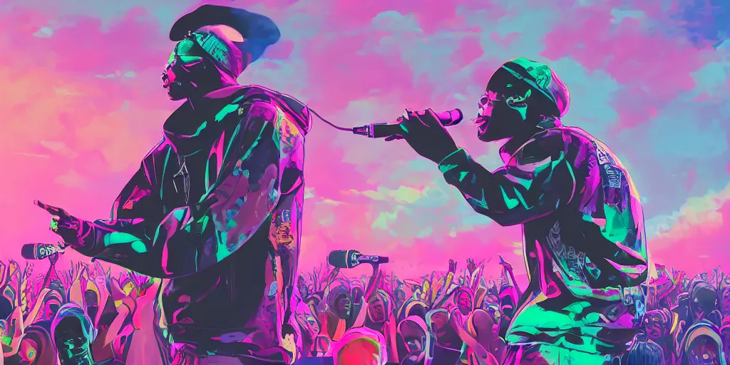 Prompt: rapper performing at huge festival holding microphone, epic angle, digital art, vapor wave, hip hop, trending on Artstation, professional artist, detailed, 4k