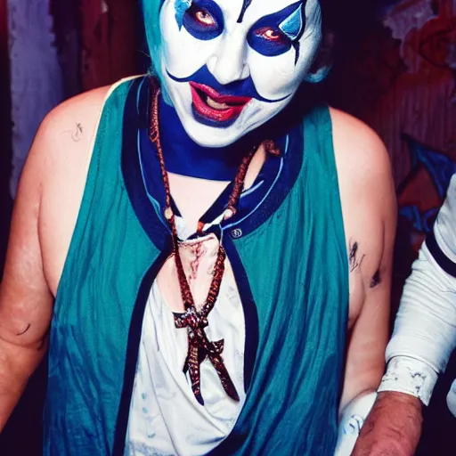 Prompt: mother Theresa with juggalo facepaint performing with insane clown posse