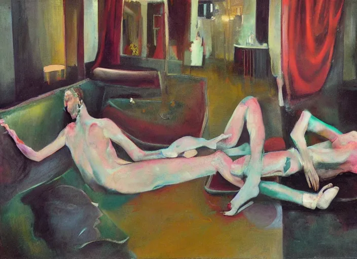 Prompt: realistic lovers collapsed in a the cafe void, curtains, spasms, college girls, couches melting, painted by John Singer Sargant, flesh, stylized by Francis Bacon, Adrian Ghenie, 8k