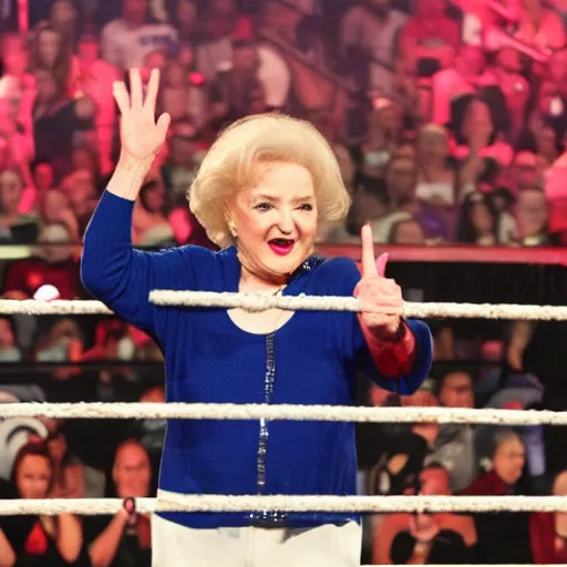 Image similar to betty white as wwe champion standing in a wrestling ring