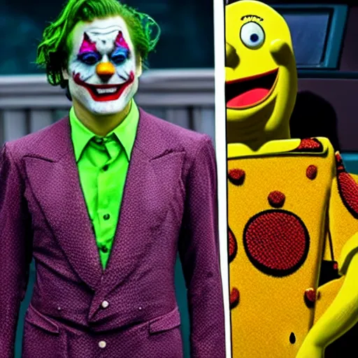 Image similar to spongebob wearing the costume and makeup of the joaquin phoenix joker from the film joker