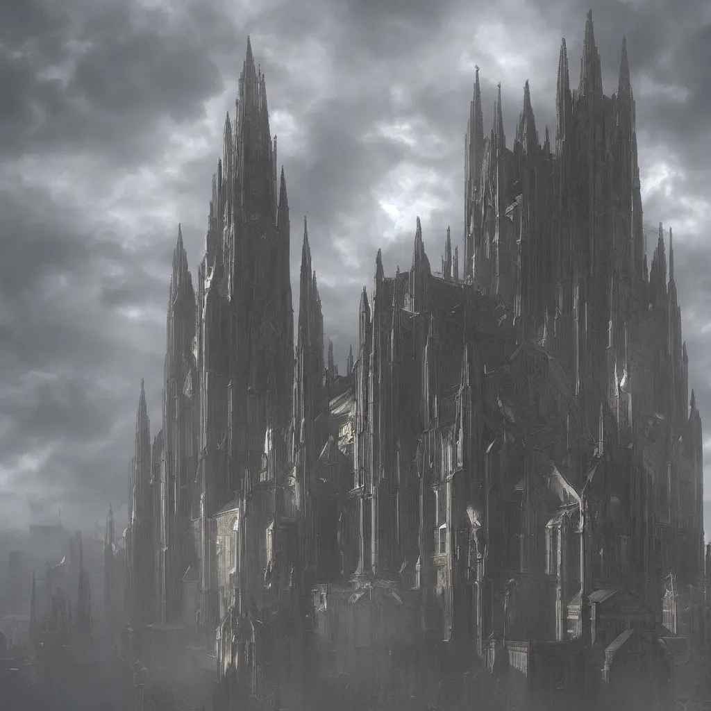 Prompt: dieselpunk cathedral that dwarfs all other buildings, the top of the cathedral is piercing through the clouds, atmospheric, photorealistic, environment concept art
