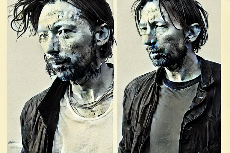 Image similar to hyper realistic portrait of thom yorke singer songwriter, side, liminal space, inside empty parking lot, by lee bermejo, alphonse mucha and greg rutkowski