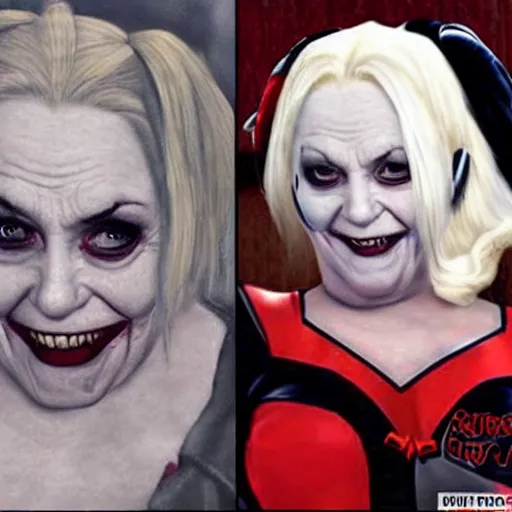 Prompt: Harley Quinn as a wrinkly old had