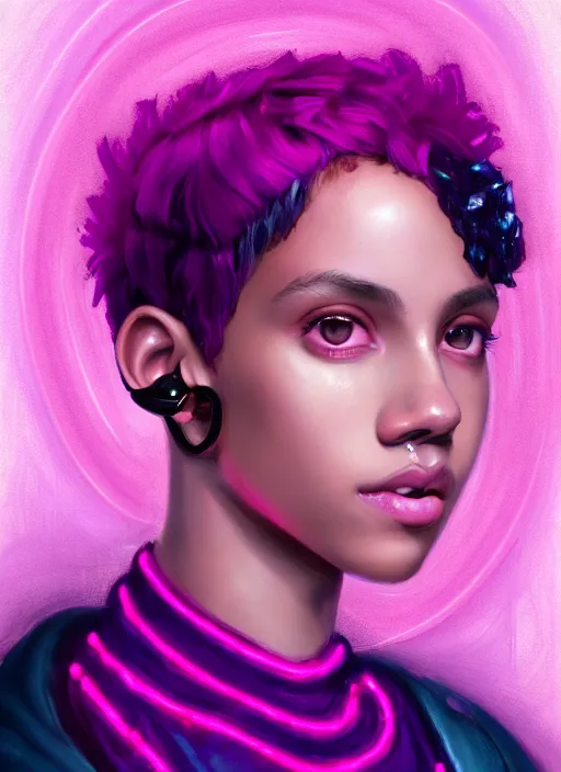 Image similar to portrait of teenage vanessa morgan with bright pink hair, black girl, curly pixie cut hair, wearing a purple breton cap, breton cap, hoop earrings, intricate, elegant, glowing lights, highly detailed, digital painting, artstation, concept art, smooth, sharp focus, illustration, art by wlop, mars ravelo and greg rutkowski