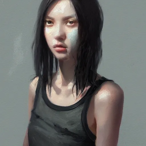 Prompt: portrait of a girl by greg rutkowski, she is about 2 0 years old, mixture between russian and japanese, prettt, black bob hair with two strands around her face, wearing a tank top and a oversized jumper overall, highly detailed portrait, digital painting, artstation, concept art, smooth, sharp foccus ilustration, artstation hq