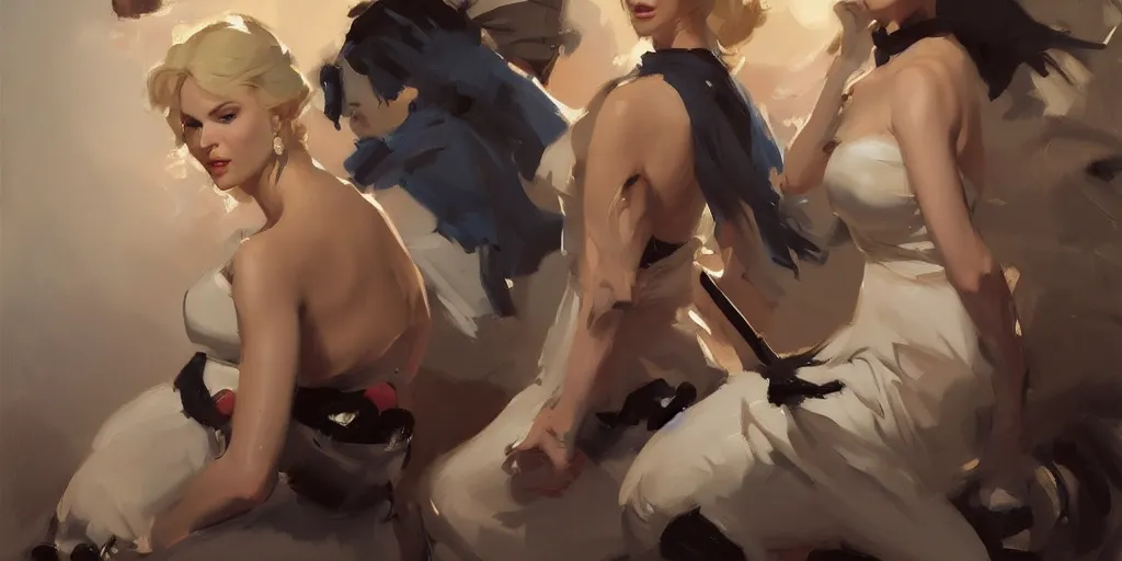 Prompt: portrait of beautiful gorgeous captivating finnish norwegian swedish glamour models wearing by dress on shoulders with black jars in hands, jodhpurs greg manchess painting by sargent and leyendecker, studio ghibli, close - up shot rim light asymmetrical illustration hearthstone, by greg rutkowski by greg tocchini by craig mullins