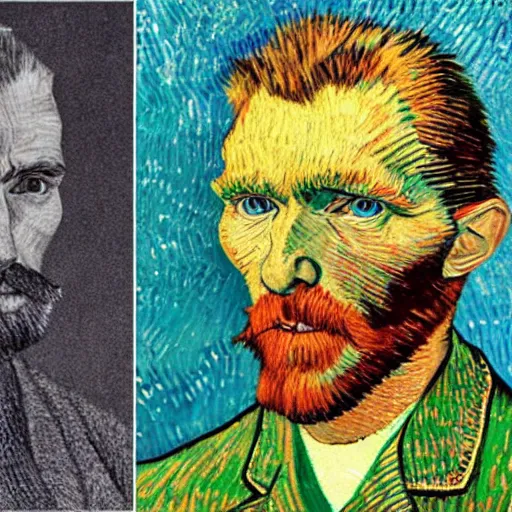 Prompt: portrait mash - up between mc escher and vincent van gogh