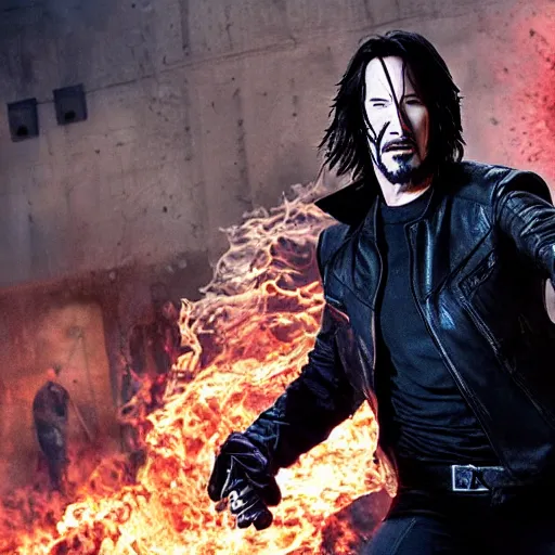 Image similar to keanu reeves as ghostrider, 8k, marvel movie, cinematic,