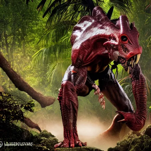 Prompt: a yautja predator in the jungle 4 k, high resolution, still, landscape, hd, dslr, hyper realistic, body builder, mr universe