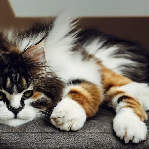 Image similar to very cute huge giant large calico main coon taking up entire bed, stunning eyes, top-down perspective, cinematic lighting, award winning creature photography