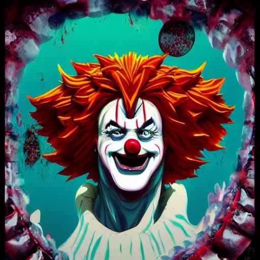 Image similar to 4K headshot of godlike clown with defined arms and open hands and bloody clothes with giant mandala wings , intricate clown face make-up , flawless anime cel animation by Kentaro Miura, psychedelic , highly detailed upper body , professionally post-processed , beautiful, scary, symmetry accurate features, epic, octane rendered, anime masterpiece, accurate