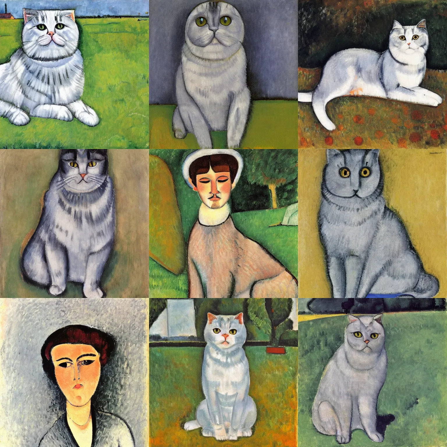 Prompt: a gray scottish fold sitting in the middle of sunny meadow, by amedeo modigliani