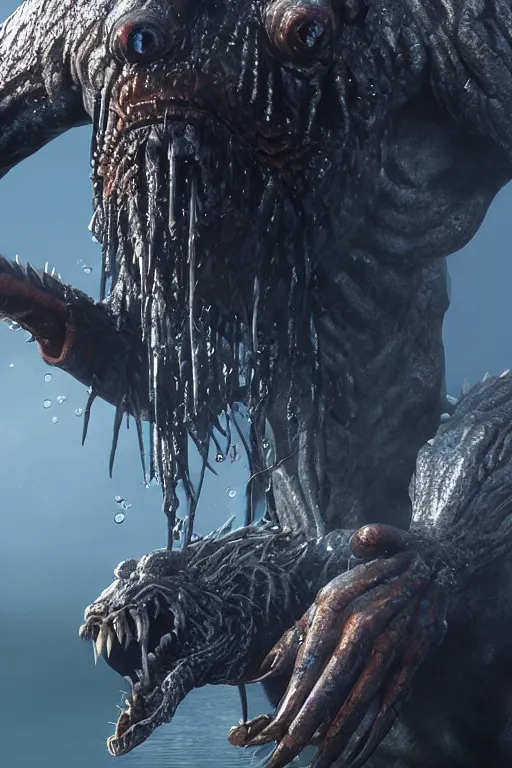 Image similar to water monster, Witcher, creature design, concept art, weta studio, cinema 4D, extremely detailed, UHD, octane, ILM