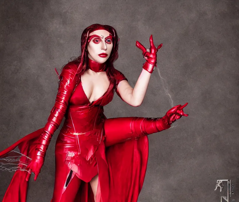 Image similar to photoshoot of lady gaga as the scarlet witch in wandavision , magazine, High resolution. Highly detailed. Dramatic. 8k.4k.