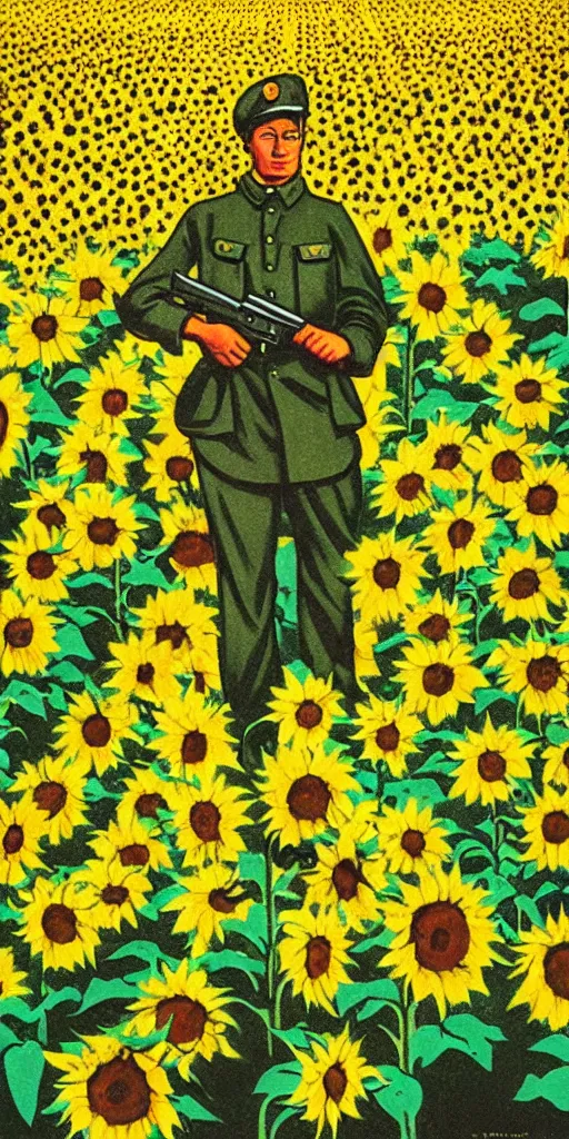 Image similar to Communist Propaganda Poster of a soldier in a sunflower field.