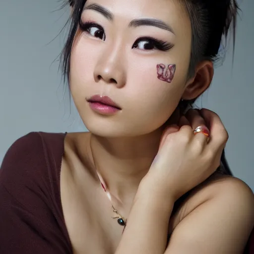 Image similar to A beautiful asian women with a face tattoo, portrait,8k