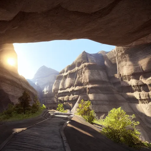 Image similar to pathway canyon in between mountains, unreal engine, high detail, realism, award winning, detailed lighting