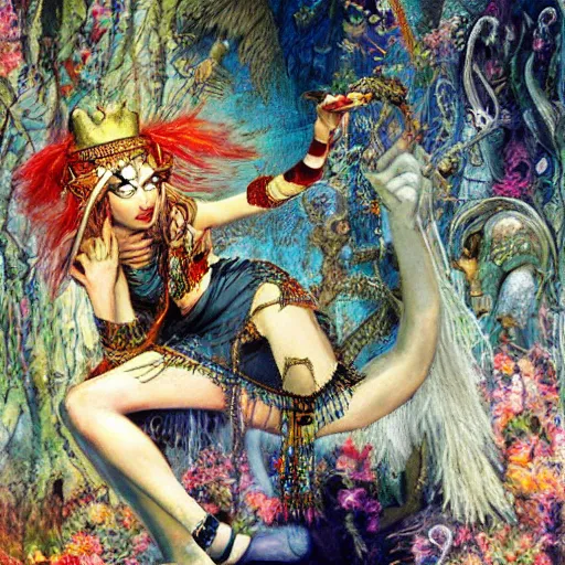 Prompt: cleopatra in alice in wonderland tripping on ayahuasca, intricate detail, painting, royo, frazetta, whealan,