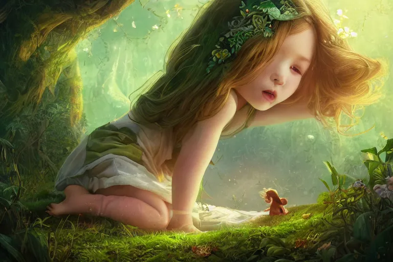 Prompt: a beautiful illustration of a little cute girl in her bed dreaming about a beautiful green forest, fantasy, intricate, epic lighting, cinematic composition, hyper realistic, 8 k resolution, unreal engine 5, by artgerm, tooth wu, dan mumford, beeple, wlop, rossdraws, james jean, marc simonetti, artstation