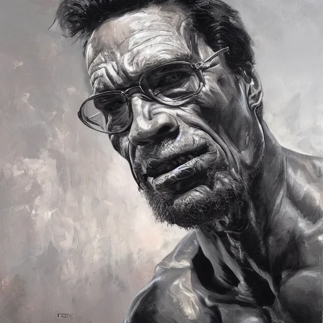 Prompt: a painting of a arnold shwarzenegger, investor asking for money by tim okamura, featured on artstation, classical realism, hyper realism, chiaroscuro, fine art, cgsociety