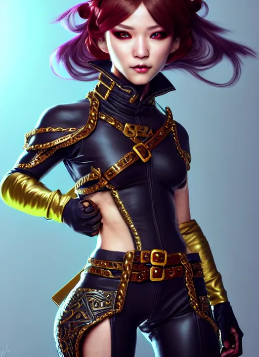 Image similar to rogue, fantasy ornate leather bandit outfit!!! close - up portrait beautiful and athletic short hair female!! gorgeous face and eyes!! character concept art, sharp focus, octane render! unreal engine 5! highly rendered!! trending on artstation!! detailed linework!! illustration by artgerm, wlop, and chie yoshii