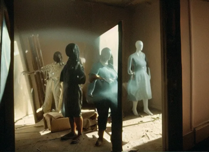 Prompt: cinematic screenshot of octavia spencer in an abandoned house surrounded by mannequins, screenshot from the tense being john malcovich thriller film ( 2 0 0 1 ) directed by spike jonze, dramatic backlit window, volumetric hazy lighting, moody cinematography, 3 5 mm kodak color stock, 2 4 mm lens, ecktochrome