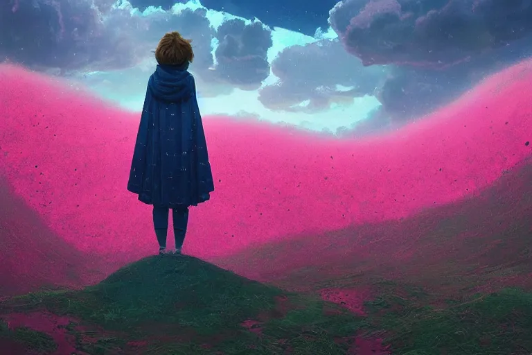 Image similar to giant pink flower as a head, girl standing on mountain, surreal photography, stars, dramatic light, impressionist painting, storm clouds, digital painting, artstation, simon stalenhag