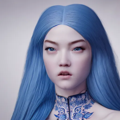 Image similar to 3 d render, hyper detailed, realistic female face and shoulders as a painted porcelain statue, with ornate blue willow pattern, white hair, fine facial features, white eyes and eyelashes, 8 k, 1 5 0 ml lens, elegant, white background, octane render, volumetric lighting, by carlos ortega elizalde and yomagick