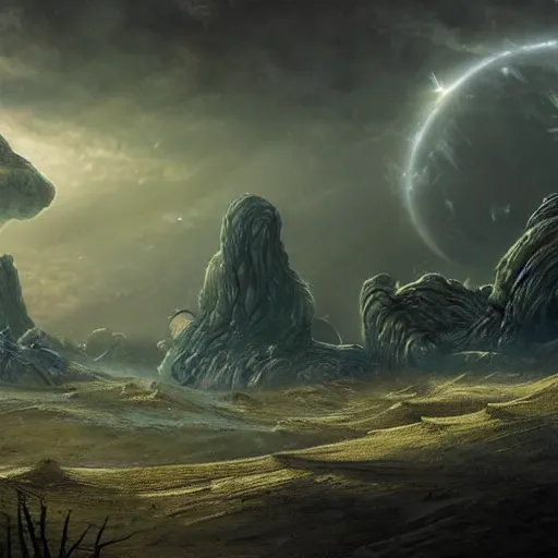 Prompt: bizarre and alien landscape with an enormous creature vaguely visible in the distance, artstation, 4 k