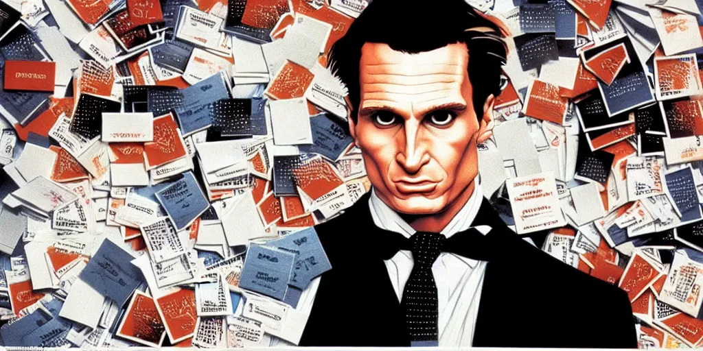 Image similar to patrick bateman, detailed fantasy art, sitting with stacks of business cards, american psycho