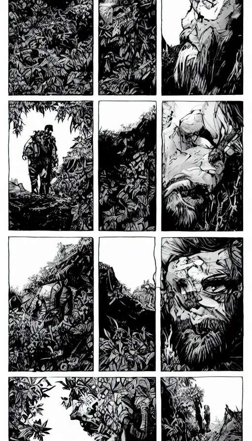 Prompt: multi - panel page from a highly detailed horror comic. a handsome rugged bearded man treks through a jungle wearing a backpack. exhausted, he stands on the edge of a cliff looking at distant mountains. ink.