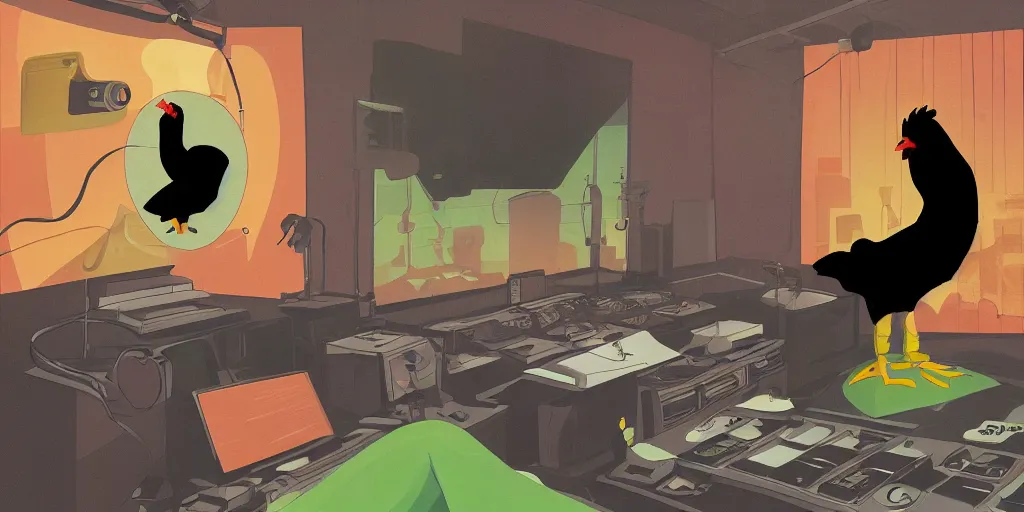 Image similar to 'black chicken'!!! smoking 'cannabis!!!!!!' in front of 'audio console'!!!! and 'multi monitors!!!!!!' in a tv broadcasting studio, artwork by James Gilleard