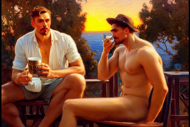Image similar to attractive man drinking coffee, sunset, painting by gaston bussiere, j. c. leyendecker, tom of finland, trending on artstation