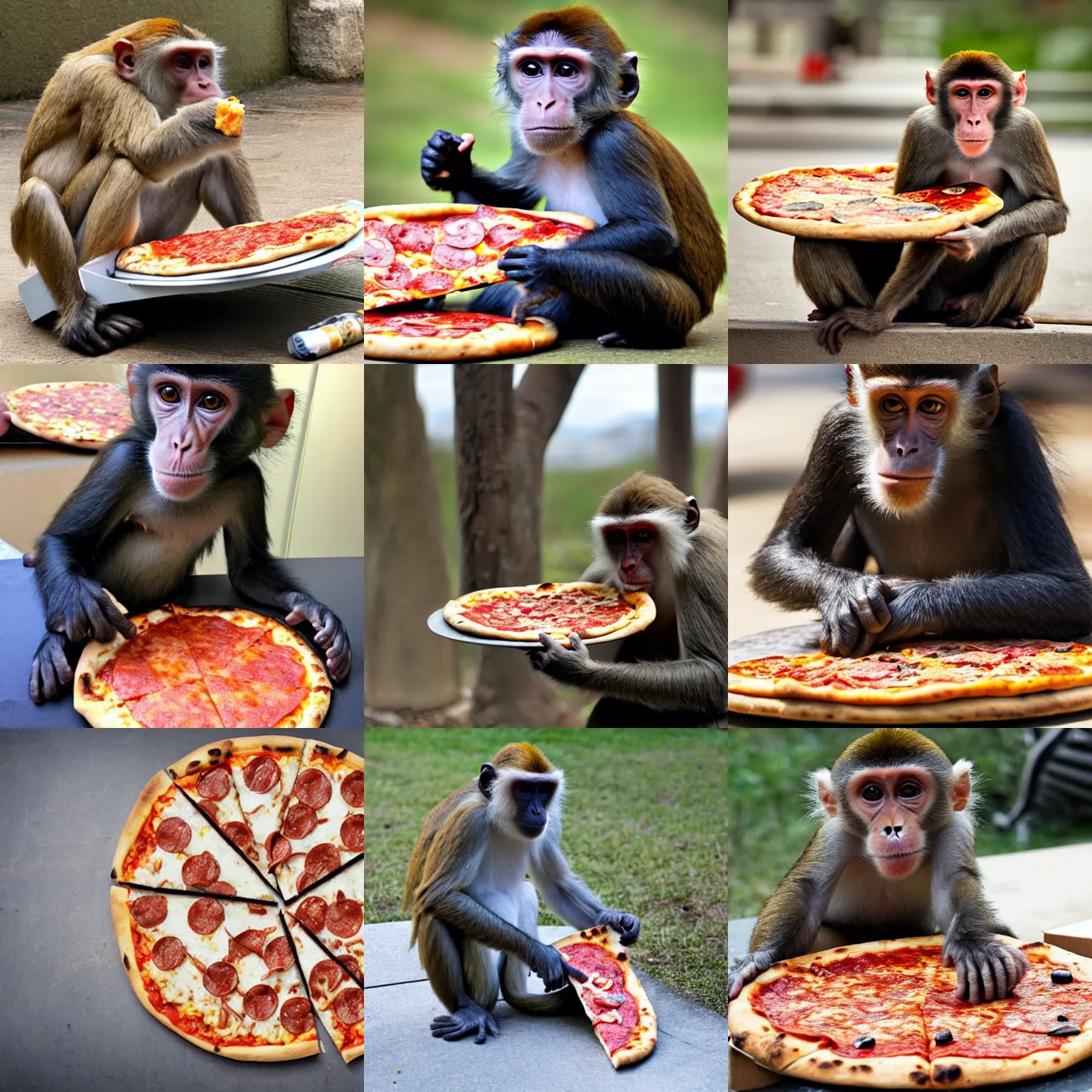 Prompt: a monkey eating a pizza