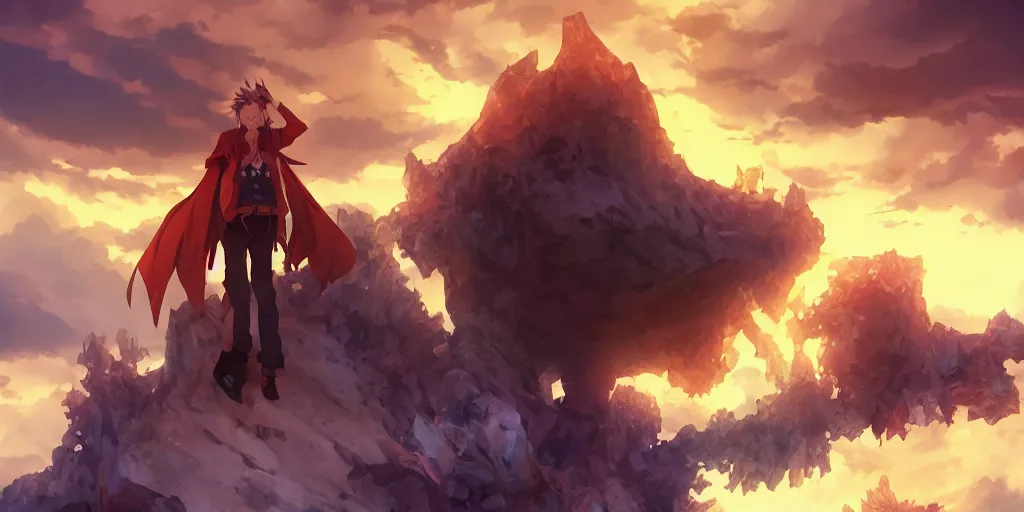 Image similar to isekai masterpiece anime man standing tree log looking up at giant crystals, high noon, cinematic, very warm colors, intense shadows, ominous clouds, anime illustration, anime screenshot composite background by mandy jurgens, by irina french, by rachel walpole, by alyn spiller