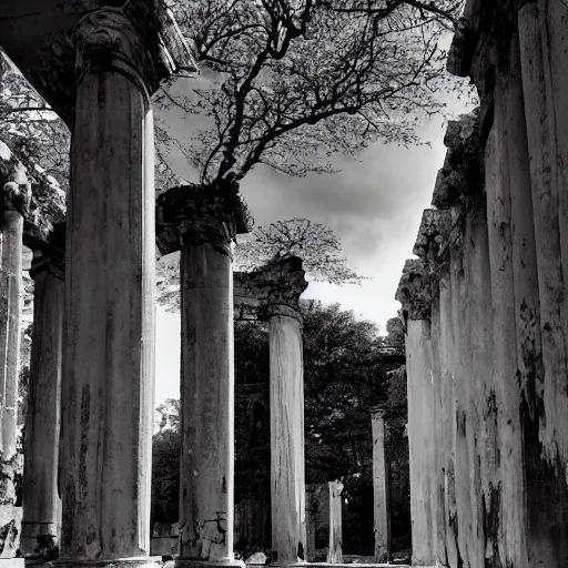 Image similar to the colonnade of the ancient cathedral in the jungle, death