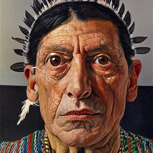 Prompt: high quality high detail painting by lucian freud, hd, portrait of an aztec priest with feathers, photorealistic lighting