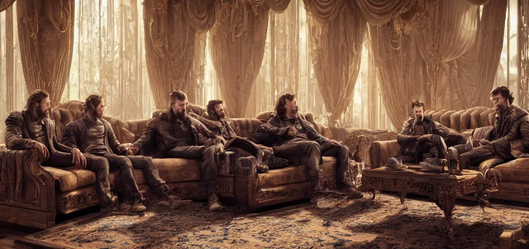 Image similar to a highly detailed picture of the reaction guys sitting on a couch that looks like the iron throne, four excited men, 8 k, artstation, volumetric lighting, smooth, highly detailed, octane render, by andres rocha and albert bierstadt and greg rutkowski
