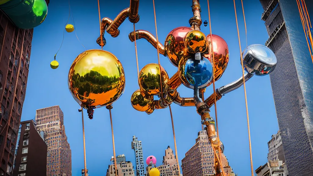 Image similar to large colorful futuristic space age metallic steampunk balloons with pipework and electrical wiring around the outside, and people on rope swings underneath, flying high over the beautiful mew york city landscape, professional photography, 8 0 mm telephoto lens, realistic, detailed, photorealistic, photojournalism