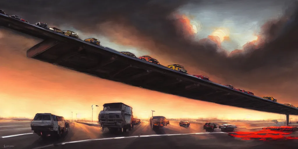 Prompt: Ignacio Bazan Lazcano Lee painting of a vehicular battle on an African highway overpass, hazy sunset with dramatic clouds, wide angle lens, low camera view, asymmetrical, trending on Artstation, High quality image