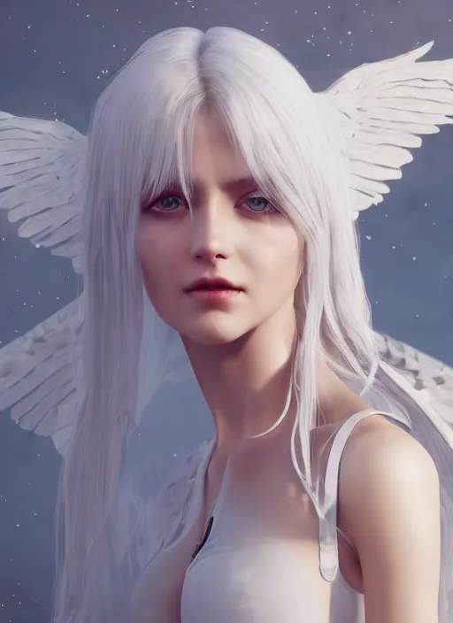 Prompt: white haired girl with wings, white dress with decollete, white bra, hyper detailed, digital art, trending in artstation, cinematic lighting, studio quality, smooth render, unreal engine 5 rendered, octane rendered, art style by klimt and nixeu and ian sprigger and wlop and krenz cushart