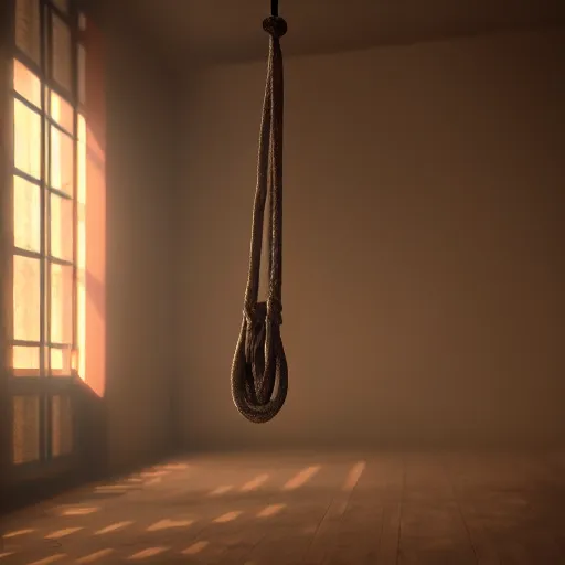 Prompt: a noose hanging in an empty room, inside the loop a beautiful paradise can be seen, photorealistic, eerie lighting, photograph, 4 k, unreal engine, artstation