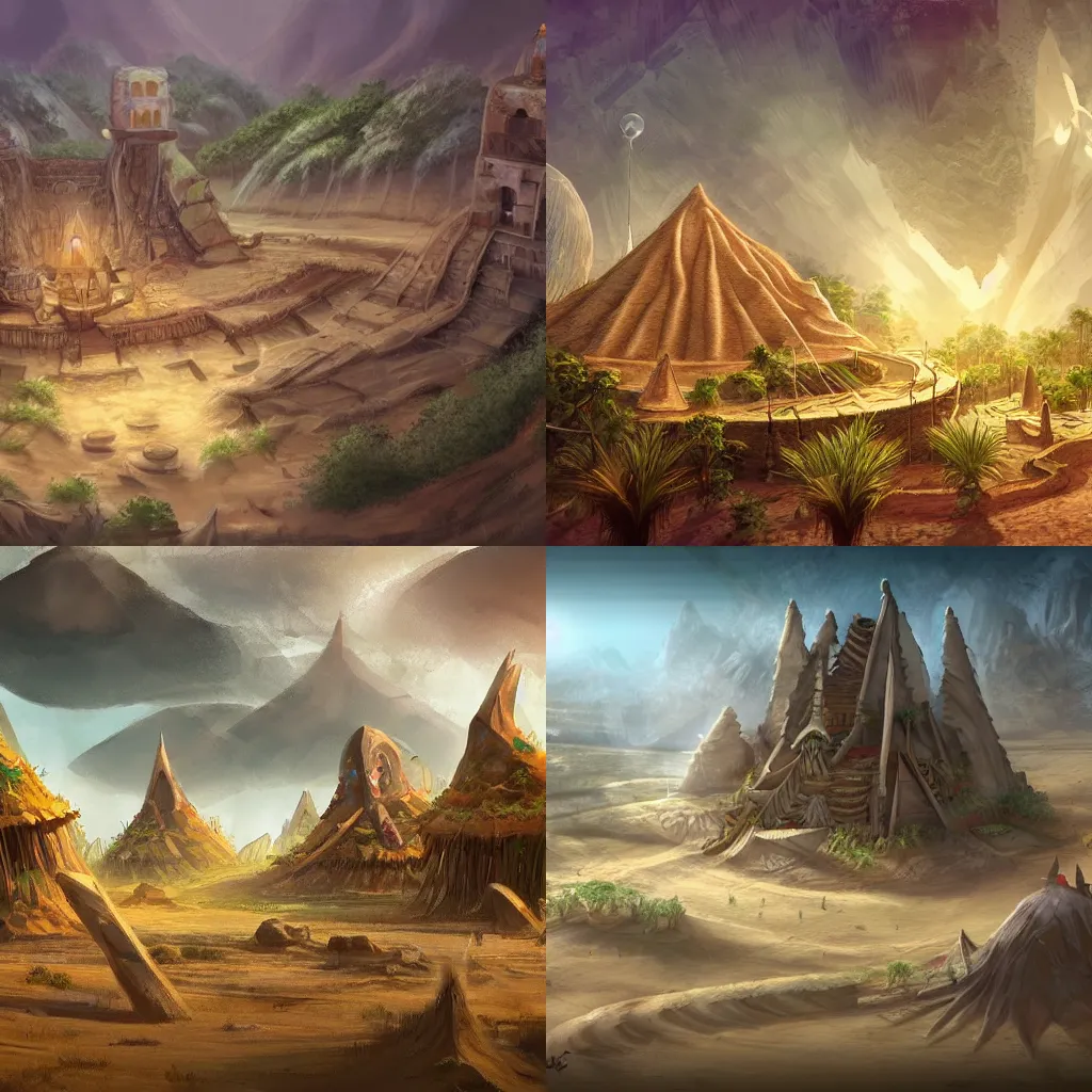 Prompt: The spiritual village of a lost civilization built in the lush oasis of a seemingly infinite sand desert, concept art, game art, trending on art station