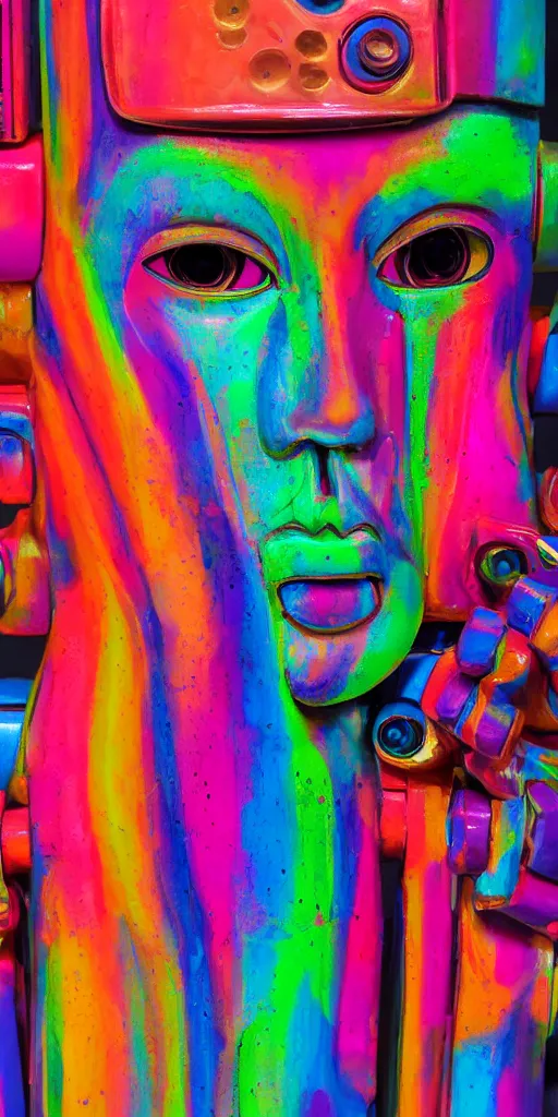 Prompt: thick technicolor paint oozes over the face of robot