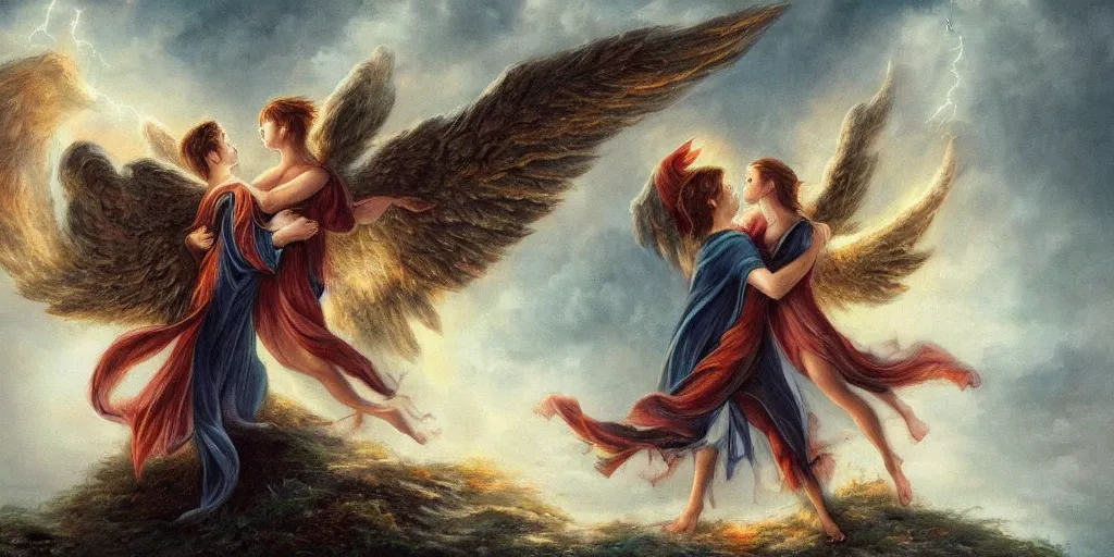 Image similar to young couple falling through clouds, winged angel & demon with tail battling hugging kissing. background clouds, illuminated by lightning and fire