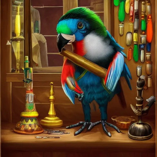 Image similar to Anthropomorphized parrot trader in his shop, medium shot, full body, items, weapons, magic potions, trinkets, carpet, lamps, window, fancy hat, sly expression, cunning expression, cute expression, long thick shiny black beak, D&D, fantasy, cinematic lighting, highly detailed, digital painting, artstation, concept art, smooth, sharp focus, illustration, warm light, cozy warm tint, magic the gathering artwork, volumetric lighting, 8k, art by Greg Rutkowski