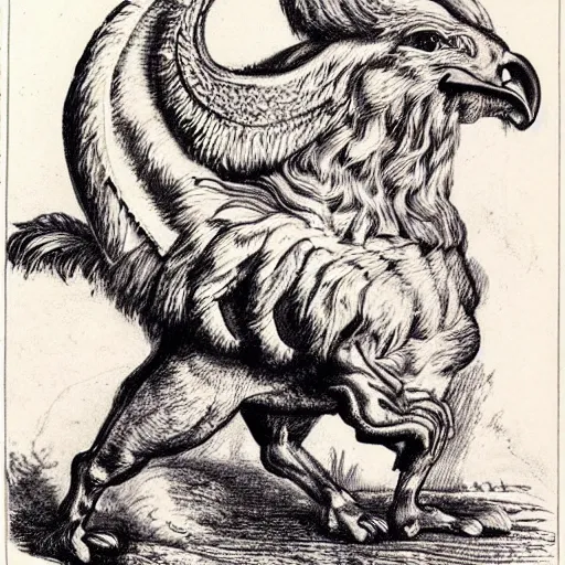 Image similar to human / eagle / lion / ox hybrid with two horns, one big beak, mane, human body. drawn by francis bacon